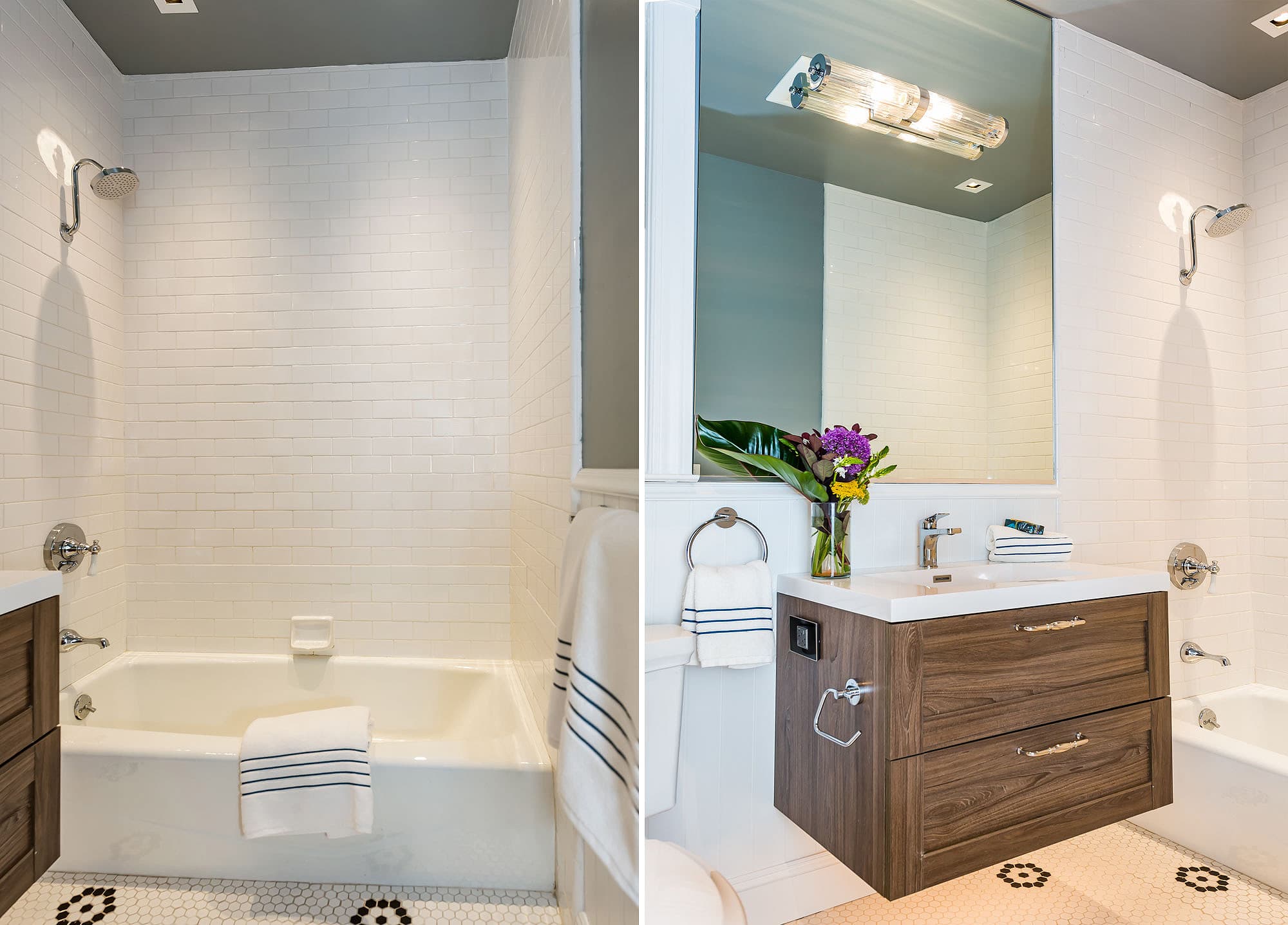 714 Page's bathroom has been updated and features a shower over tub, traditional hex tile along with a new floating vanity and LED recessed lighting.