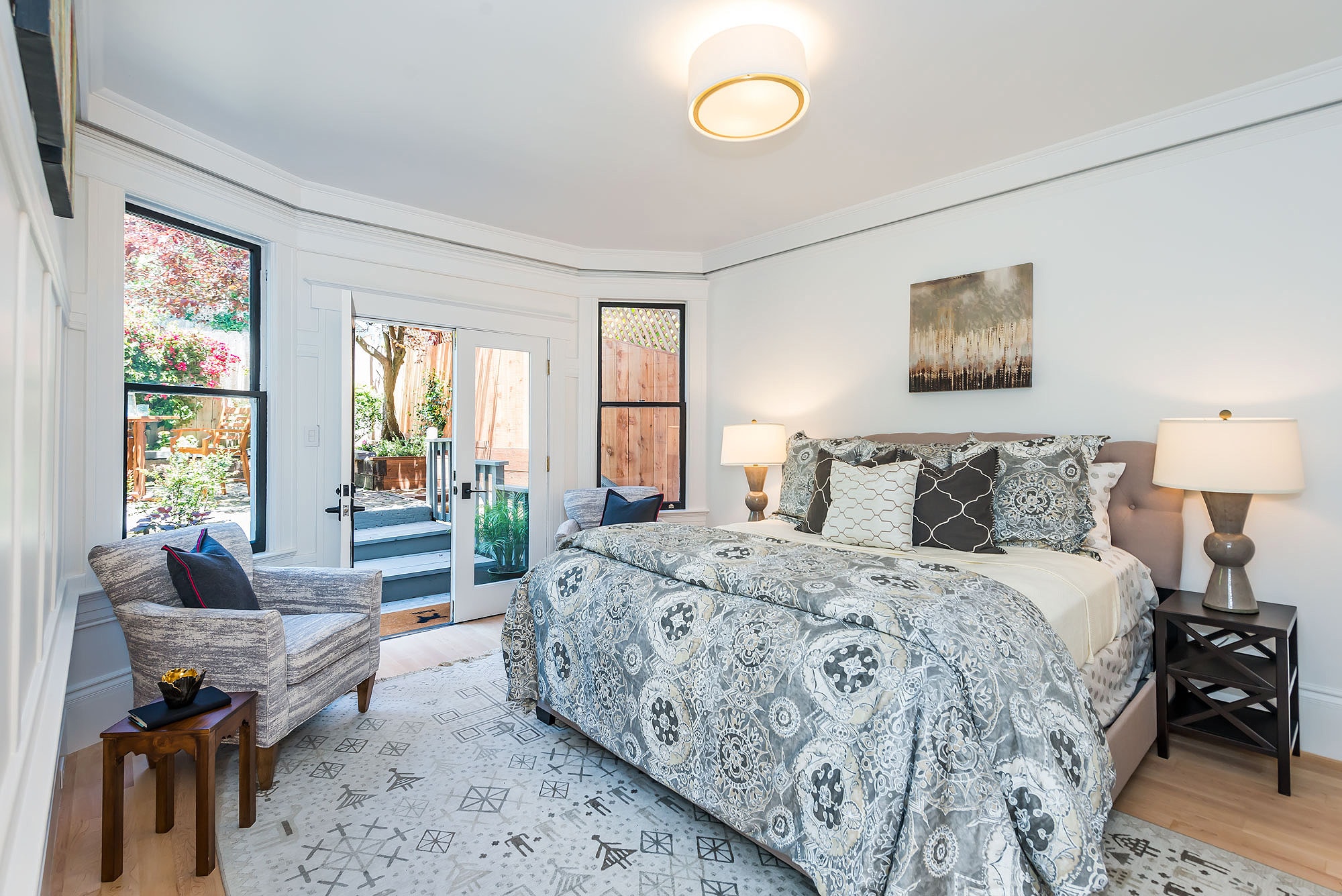 714 Page Street's master bedroom has direct garden access to landscaped garden area with brick patio, pomelo tree and serenity.