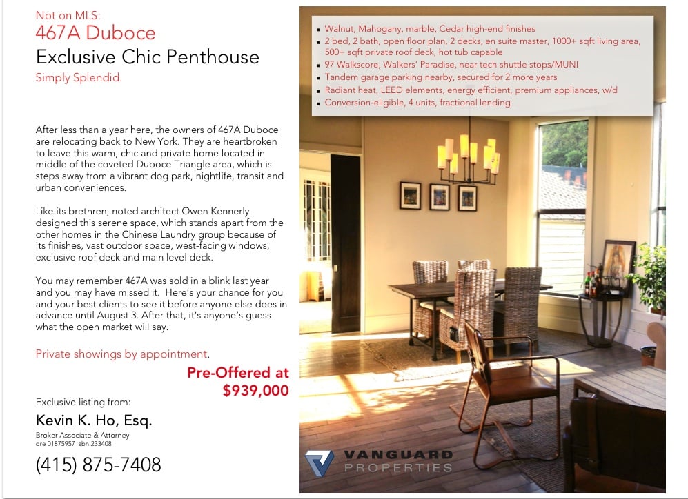 Learn more about this exclusive pre-MLS listing at 467A Duboce Avenue with Kevin Ho, Vanguard Properties