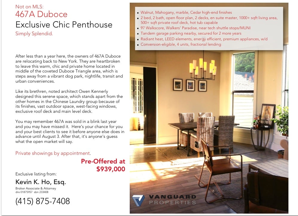 467A Duboce Pre-MLS Email 939000 Learn more about this exclusive pre-MLS listing at 467A Duboce Avenue with Kevin Ho, Vanguard Properties