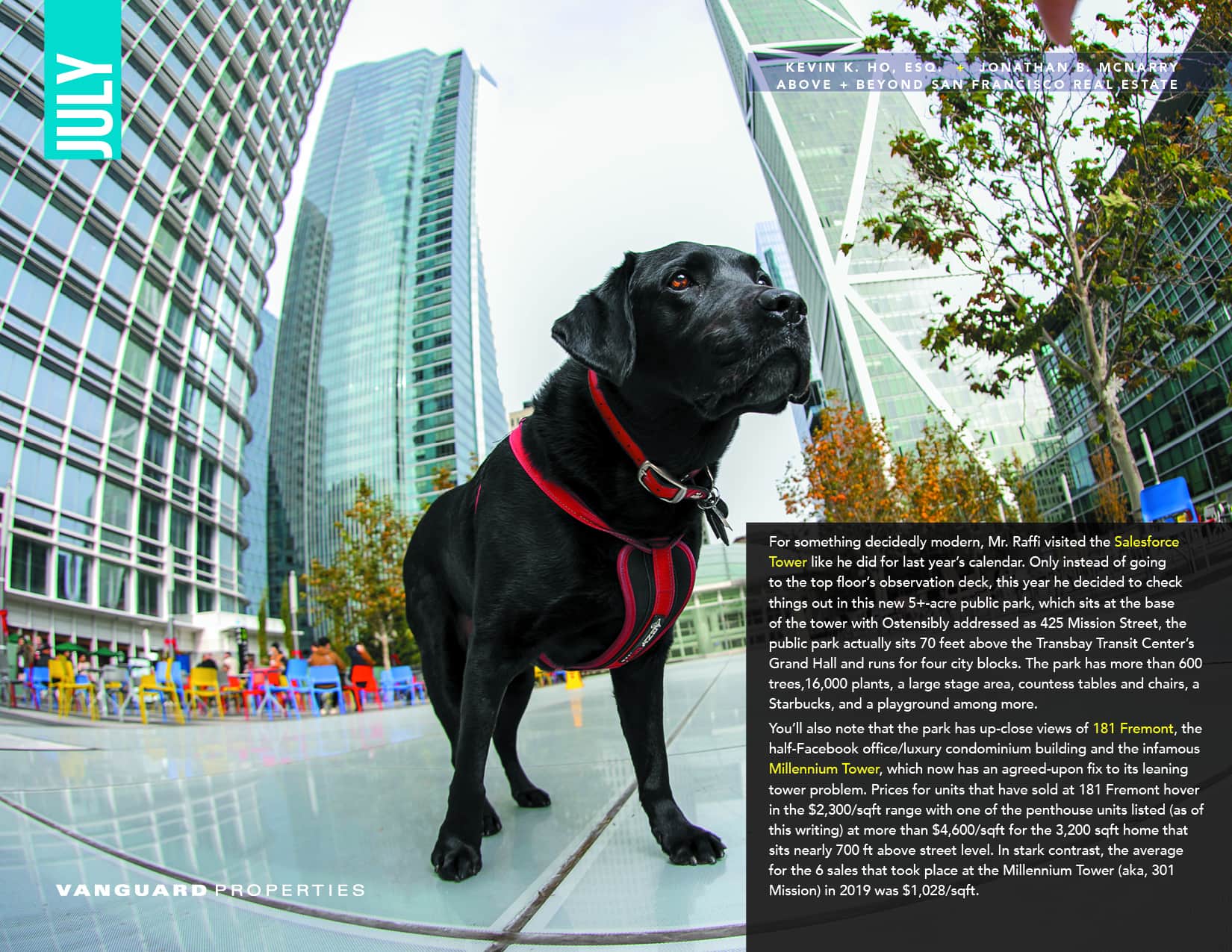 Raffi at the Salesforce Transit Plaza Park in between skyscrapers