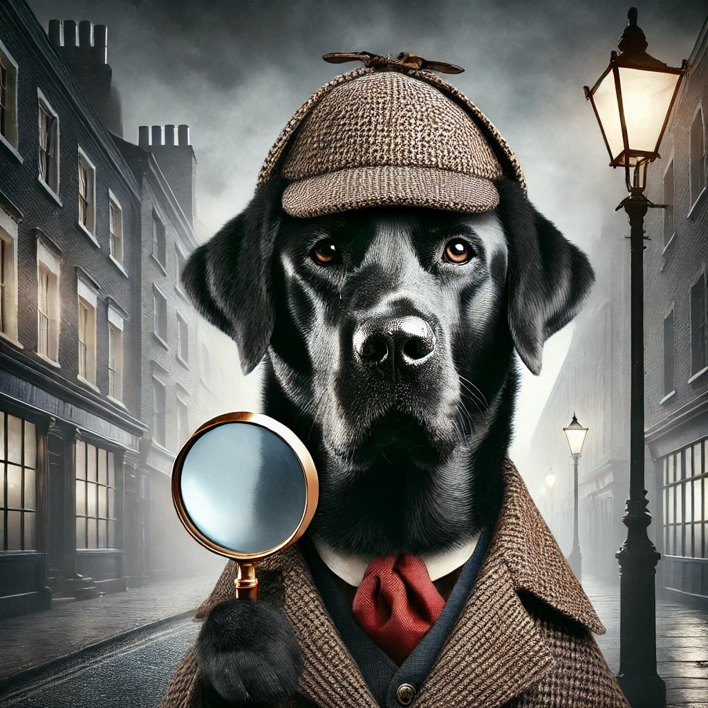 Black Labrador dressed as Sherlock Holmes, wearing a tweed deerstalker hat and coat, holding a magnifying glass on a foggy London street with gas lamps—channeling Raffi McNarry-Ho, real estate’s best detective.