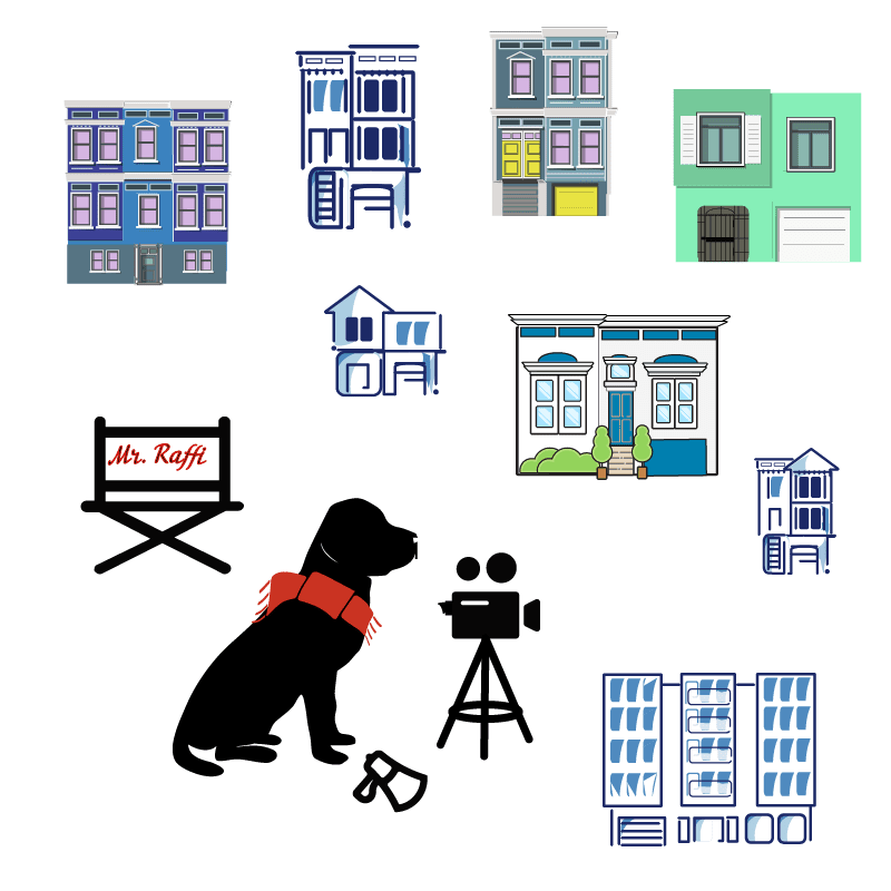 Raffi the dog with different housing types 