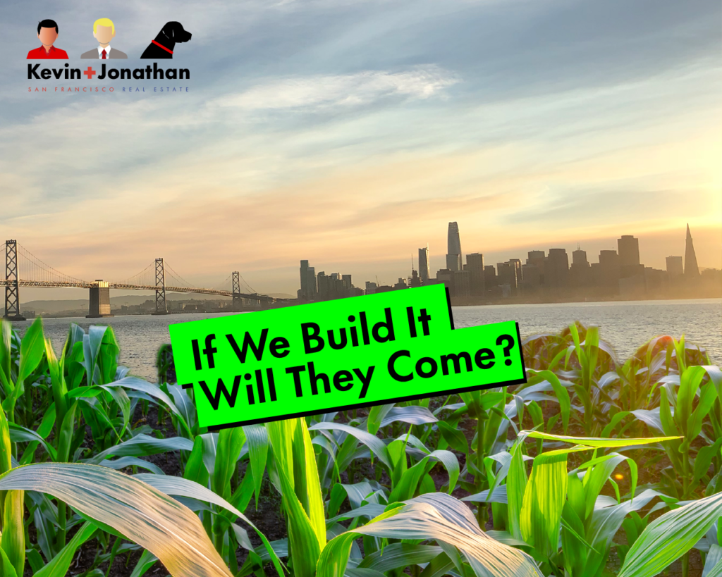 Graphic SF skyline blended with cornfield stressing how hard it is to develop San Francisco properties.