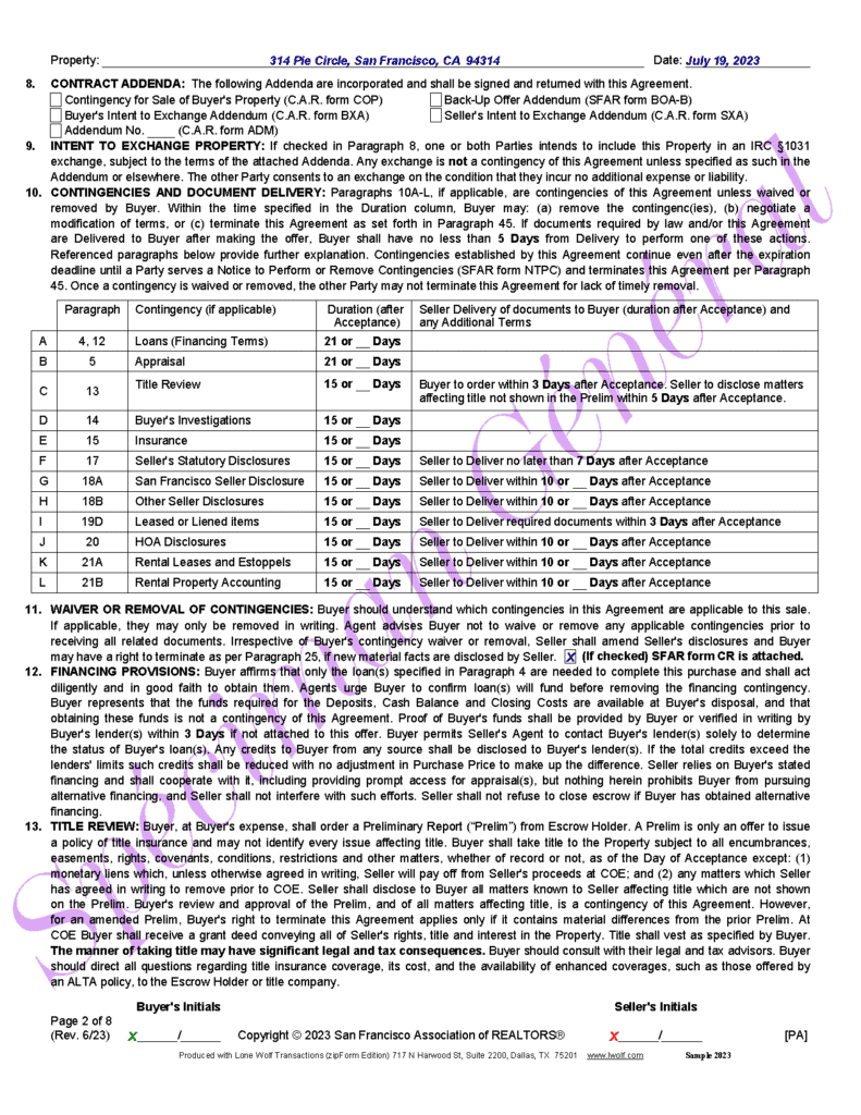 Page 2 of the 2023 SFAR Purchase Contract