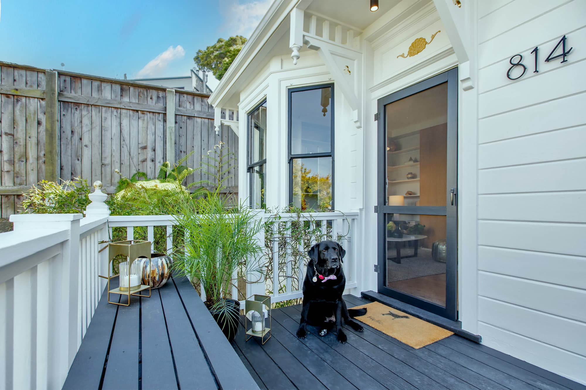 Mr. Raffi, our black Labrador retriever, sits in front of 814 Carolina's newly painted orange front door