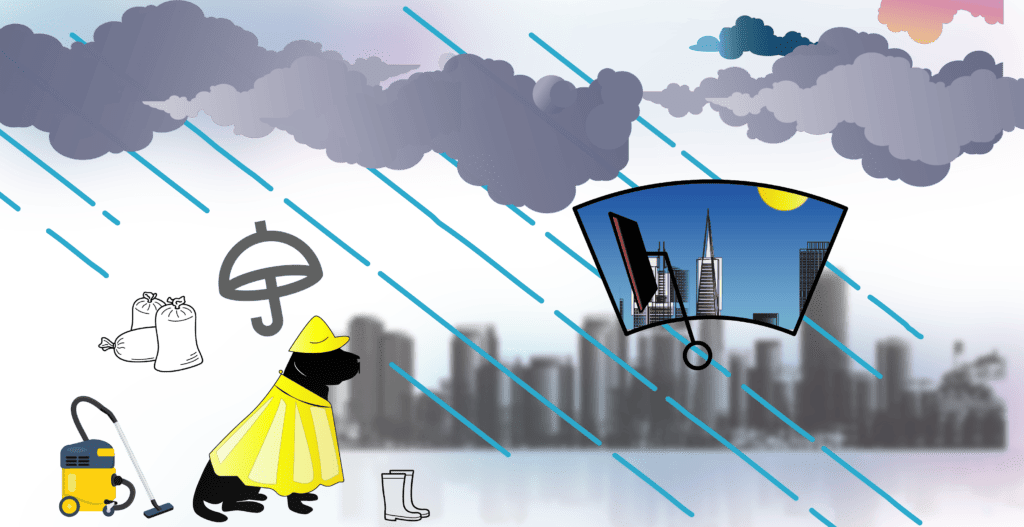 Graphic showing the storm-lashed mood in San Francisco over the winter of 2022 and its excessive rains.