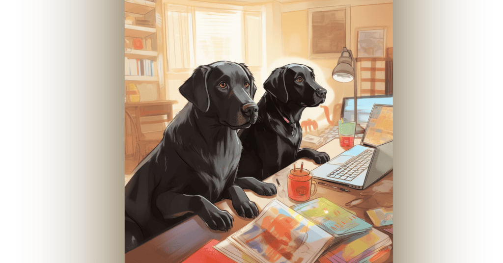 Raffi as Designer@2x Graphic of 2 labrador retriever graphic designers generated by AI