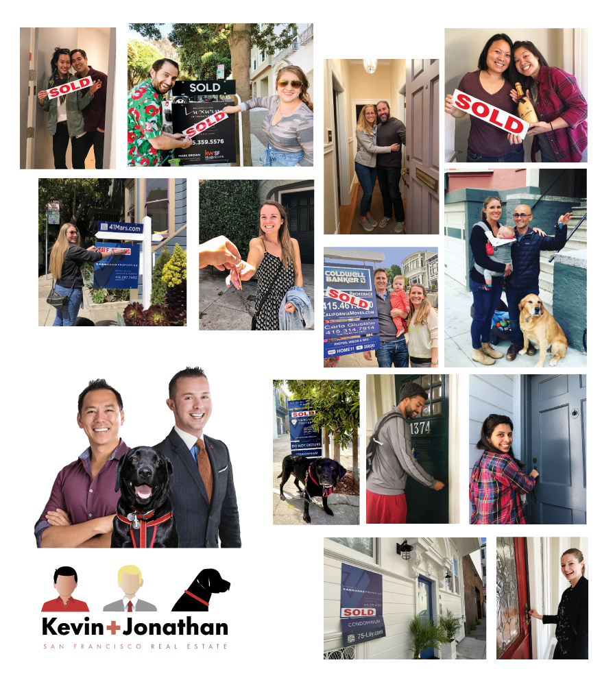 Graphic and collage showing happy buyers and sellers of San Francisco homes with Kevin+Jonathan