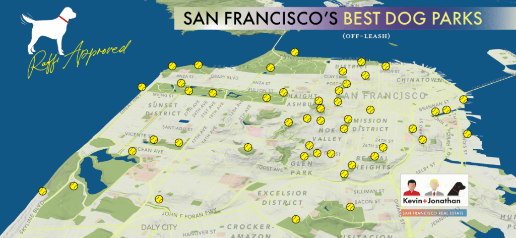 SF Dog Parks with K+J 2023@2x Map of San Francisco and its dog parks
