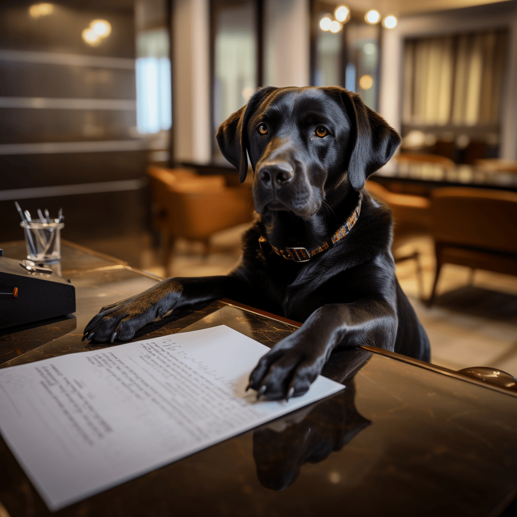 A Black Labrador Retriever who looks a like like Raffi reads a contract