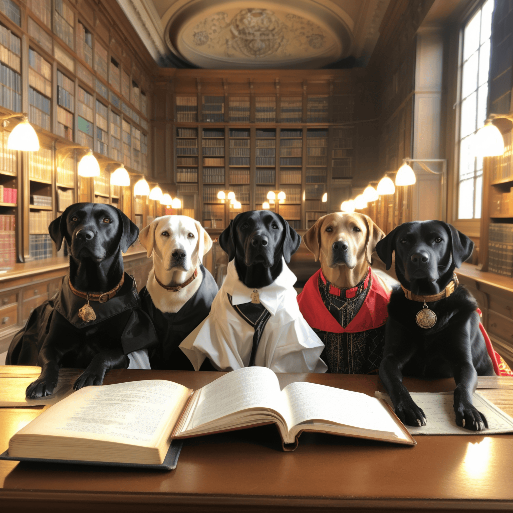 A group of yellow and black Labrador Retrievers in an old library.