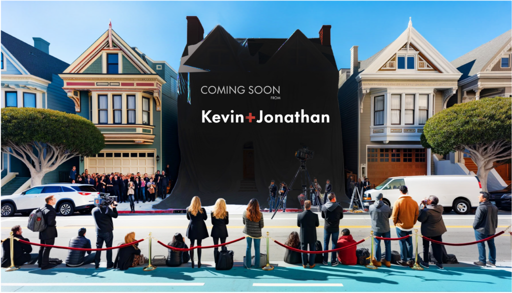 K+J coming soon 24@2x Illustration of San Francisco Victorian homes with behind closed curtains that is coming soon to the market