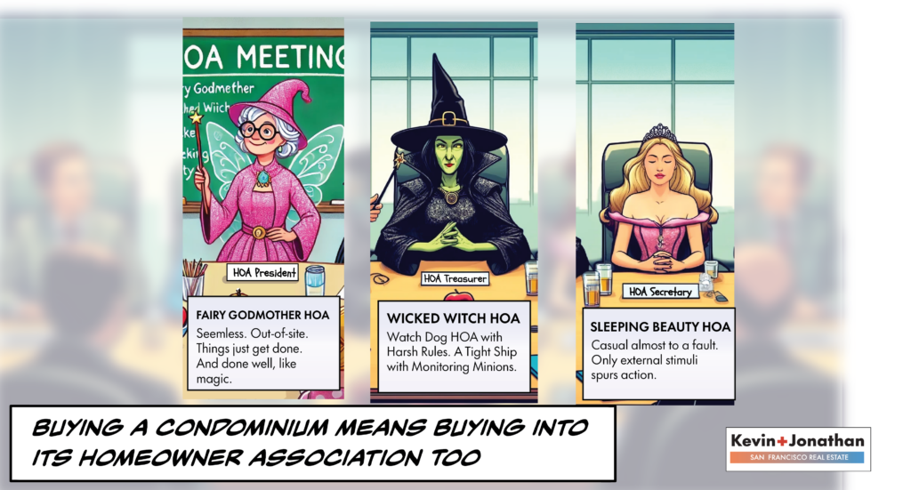 Graphic showing three women at an HOA meeting, representing the fairy godmother, wicked witch, and Sleeping Beauty, illustrating contrasting types of HOAs.