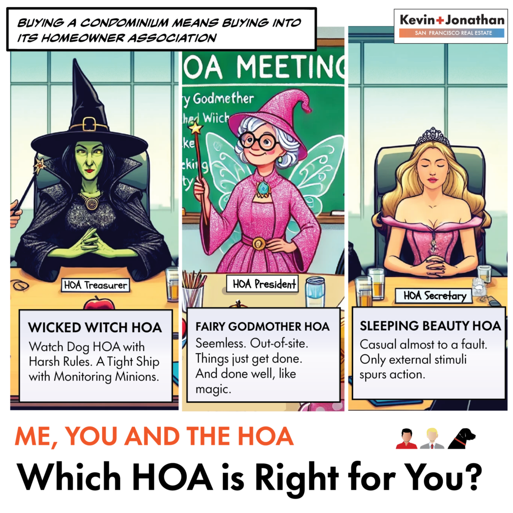 Graphic showing three women at an HOA meeting, representing the fairy godmother, wicked witch, and Sleeping Beauty, illustrating contrasting types of HOAs.
