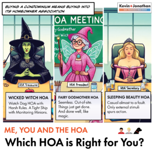 Graphic showing three women at an HOA meeting, representing the fairy godmother, wicked witch, and Sleeping Beauty, illustrating contrasting types of HOAs.