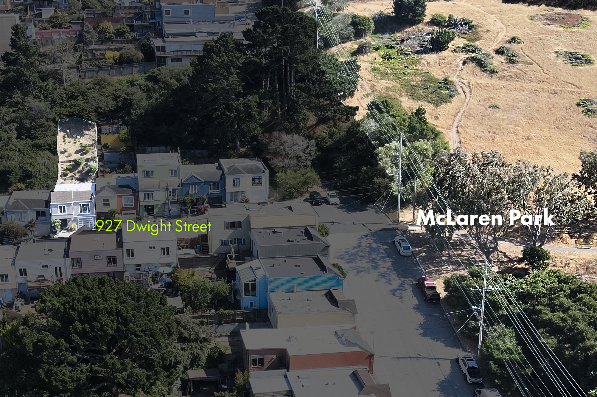 Aerial drone picture showing distance to McLaren Park