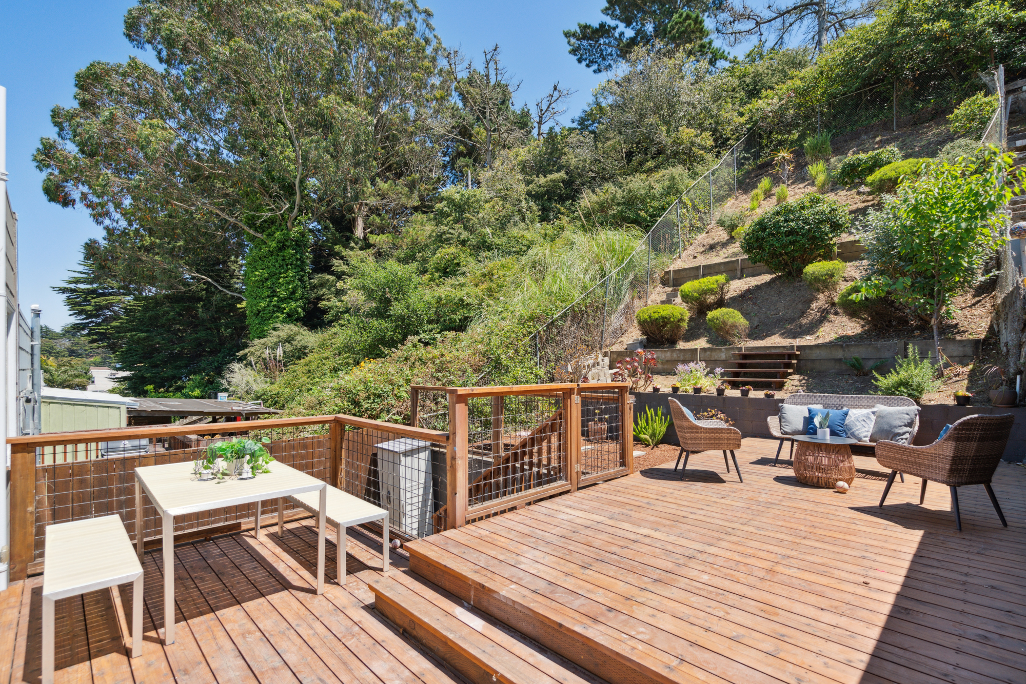 A redwood deck in the back of 927 Dwight with surrounding trees