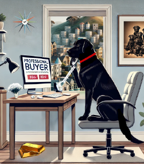 Illustration of a buyer who is a black Labrador Retriever