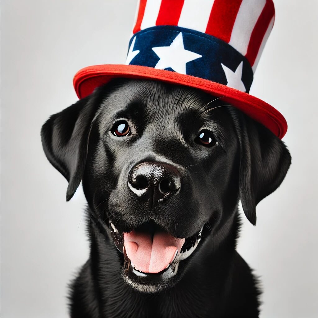Black Lab Uncle Sam Hat A black labrador retriever in an uncle sam hat
