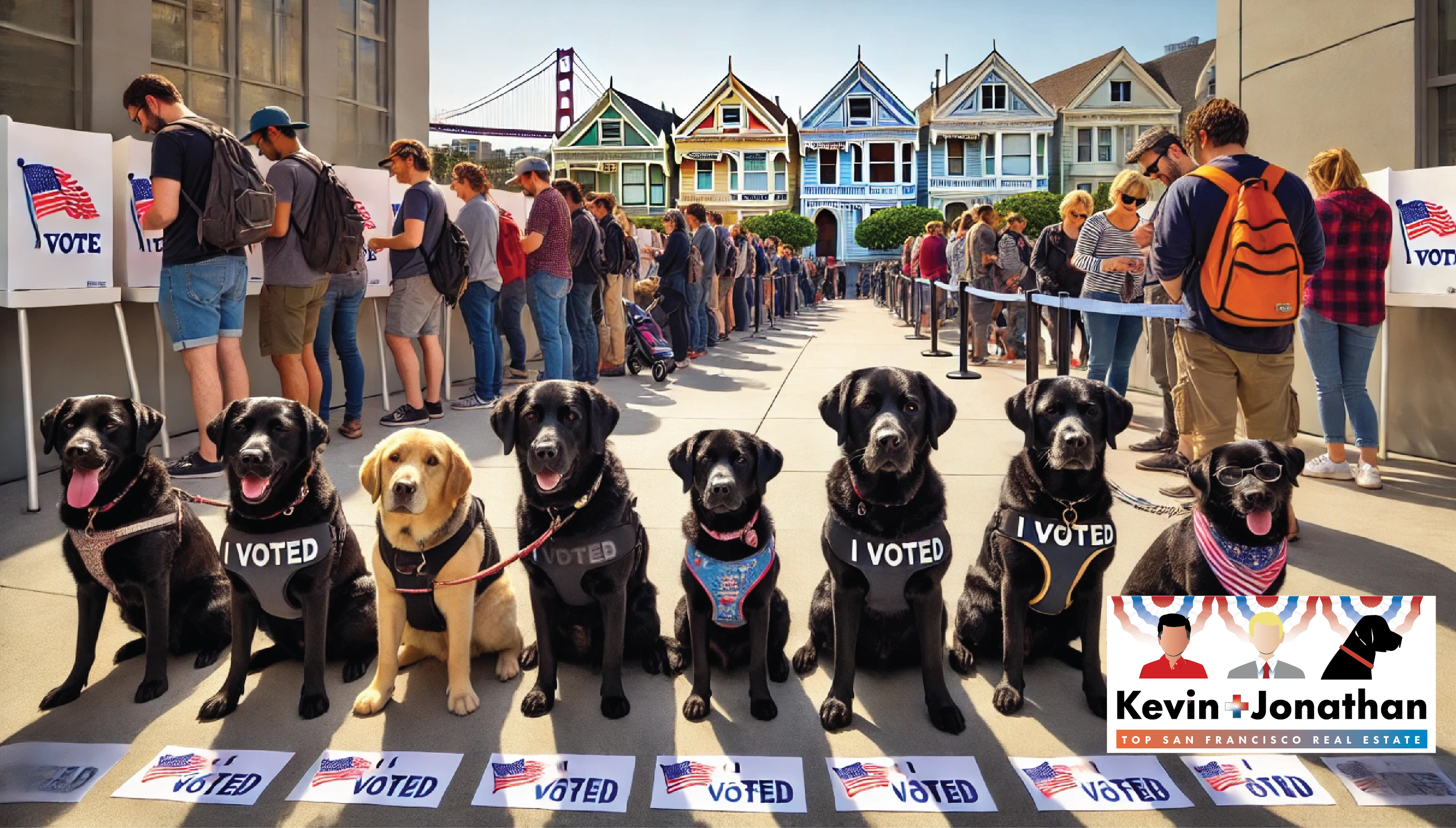 Illustration of black labs with I voted signs in front of a polling precinct in San Francisco.