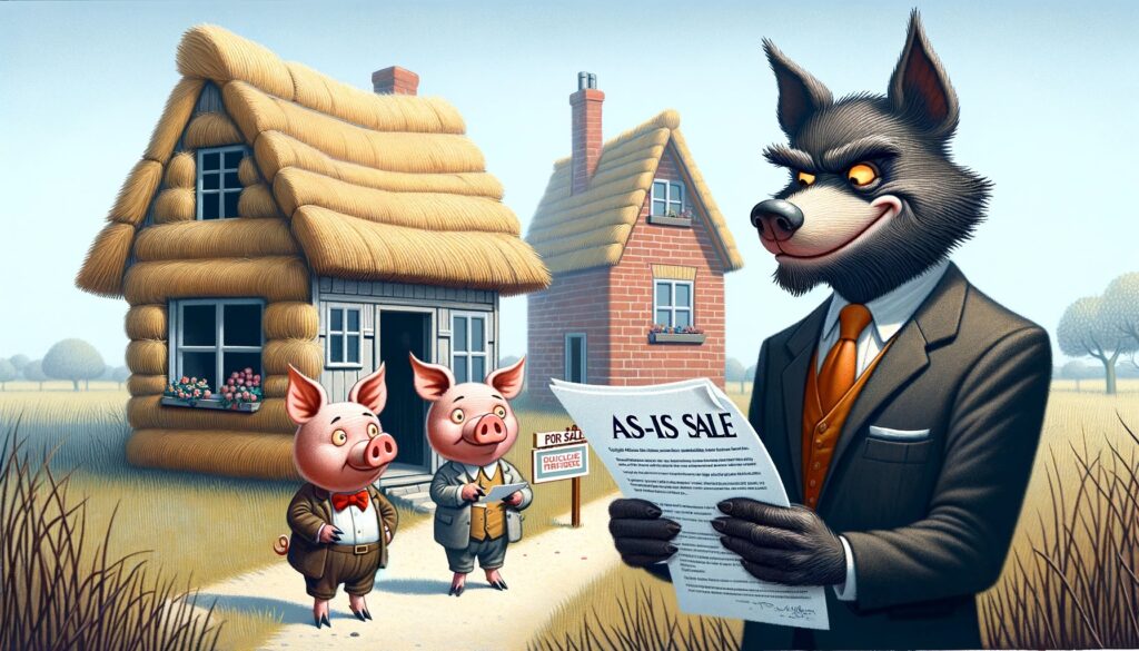 as-is-sale illustration of 2 little pigs and 1 bad wolf who is doing an as-is sale