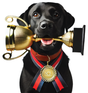 24 - Raffi - Trophy@2x Image of Black Labrador Retriever with Trophy in Mouth and Medal Around neck with K+J logo emblazoned on medal face