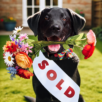 Image of Black Labrador Retriever with sash around it reading SOLD