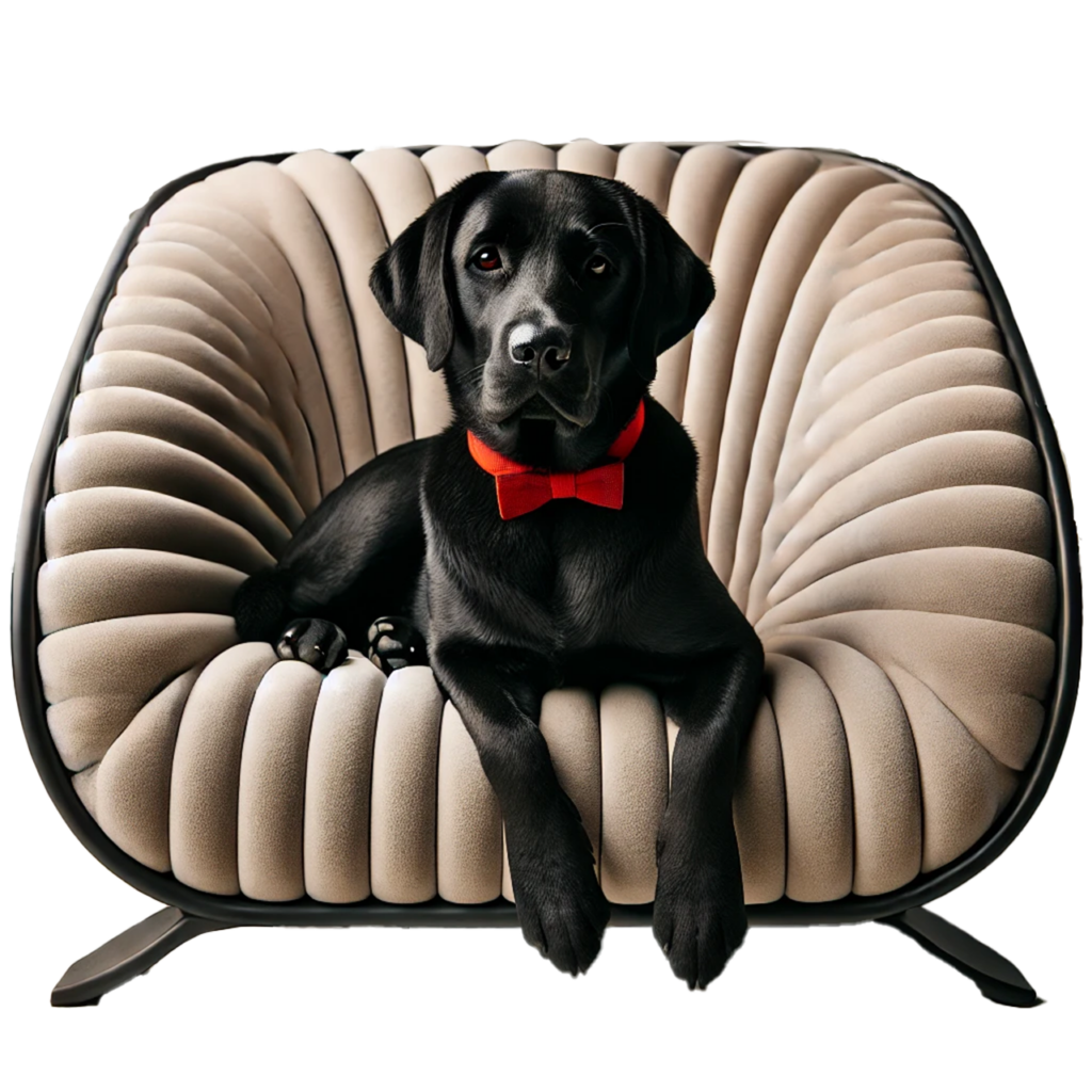 Raffi in Staging Comfy Chair@1.25x Raffi, Kevin+Jonathan’s black Labrador mascot, relaxing in a stylish designer chair, showcasing home staging comfort.