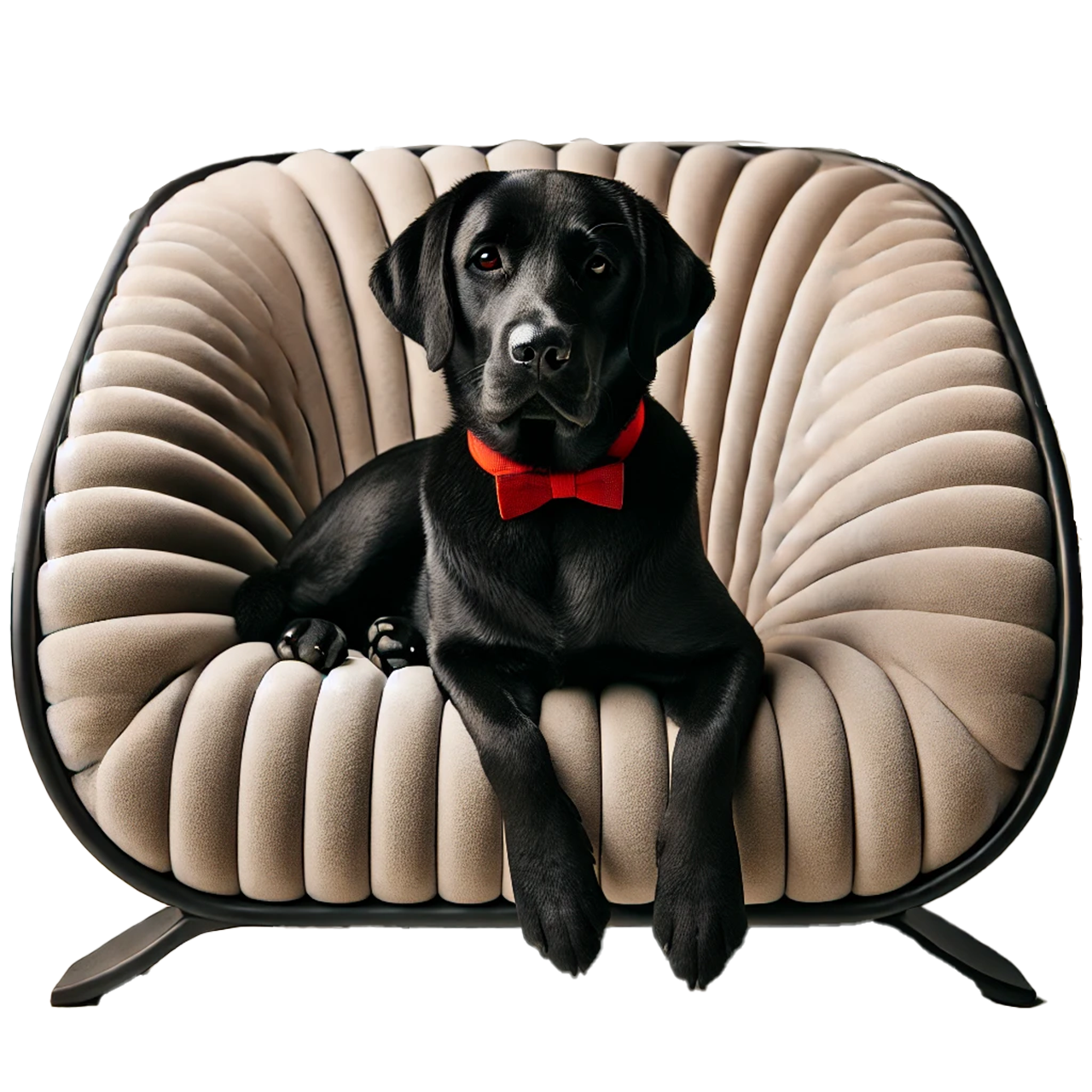 Raffi in Staging Comfy Chair@1.25x Raffi, Kevin+Jonathan’s black Labrador mascot, relaxing in a stylish designer chair, showcasing home staging comfort.