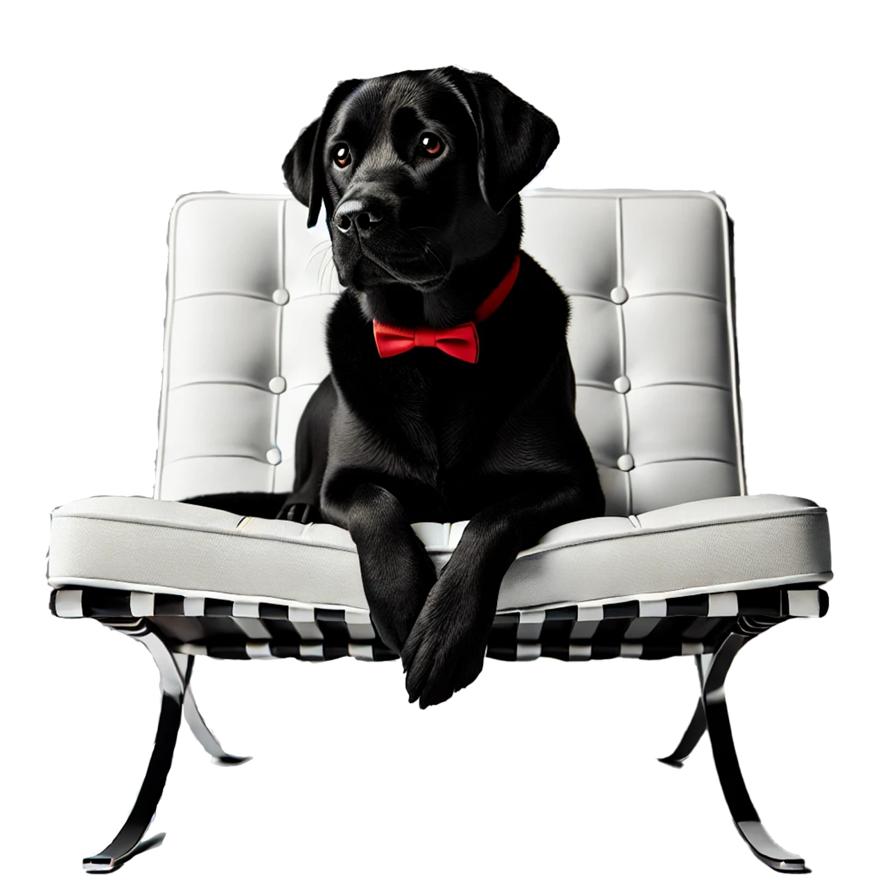 Raffi in Staging - Midcentury@1.25x Black Labrador mascot Raffi in a chic mid-century seat, highlighting the tasteful staging approach of Kevin Ho and Jonathan McNarry.