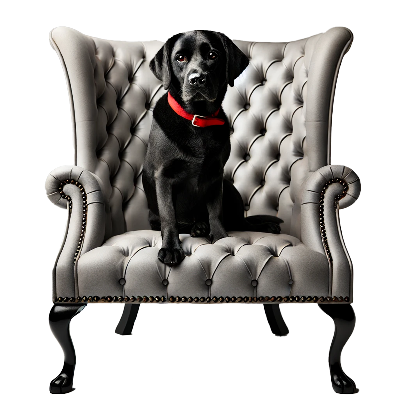 Raffi in Staging - wingback@1.25x Raffi, Kevin+Jonathan’s elegant black Labrador, perched regally on a classic tufted wingback chair.