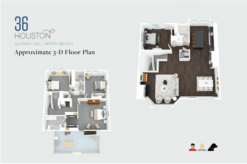 36 Houston - Approx Floor Plan 3D@2x 3D rendered floor plan of 36 Houston illustrating open-concept living area, kitchen, bedrooms, and patio in a modern 4BD/3.5BA San Francisco condo. MLS #425032188.