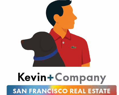 25 - K + Co Logo w Text Trans Back Illustration of Kevin in a red polo with a black Labrador Retriever, representing Kevin + Company, San Francisco Real Estate.