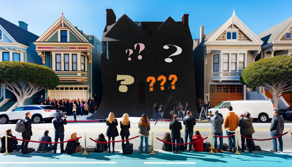 Coming Soon House Q Marks Crowd gathers in front of a mysterious San Francisco Victorian house covered in black with colorful question marks, suggesting a surprise home reveal.