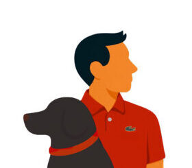 Logo graphic with black dog and man in red polo shirt - Kevin Ho